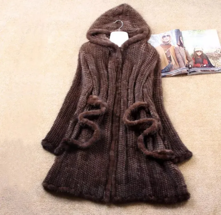 Женская Длинная вязаная куртка ручной работы зимняя из натурального меха норки