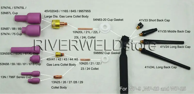 

TIG Gas Lens KIT,Back Cap Collet Body Fit TIG Welding Torch SR WP 9 20 25,46pcs