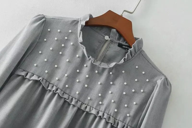 Voguein Новая женская серый жемчуг украшения с длинным рукавом Ruffed деталь легкий