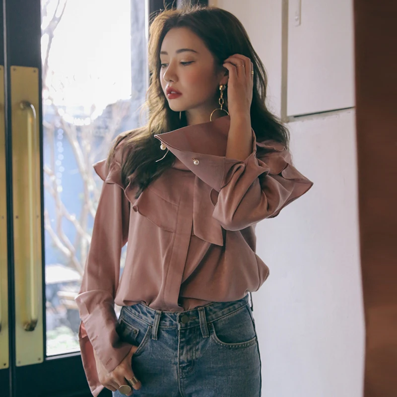 Fashion Stand Collar Bow-belt Ruffles Women Blouses Shirt Full Sleeve Vintage Peplum Tops Summer Blusas femme 2018 |