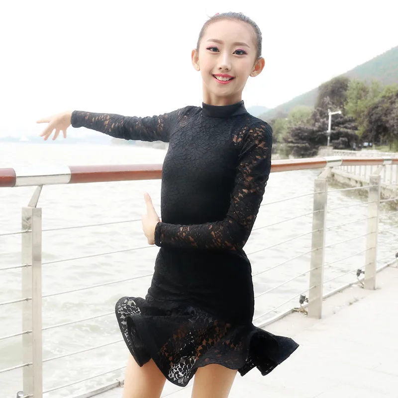 Black Lace Girls Latin Dance Dress for Skirt long Sleeves sslsa Ballroom Samba Dancing Dresses Kids Mini | Тематическая одежда и