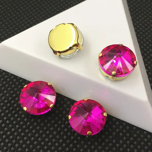 rose red Круглый Rivoli пришить стразы с золотой коготь настройки 6 8 10 12 14 16 мм Стеклярус для шитья камни для Одежда - Цвет: rose red