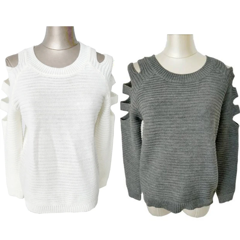 Solid Color White Women Sweater Off Shoulder Open Female Knitted O-neck Pullover Womens Casual | Женская одежда