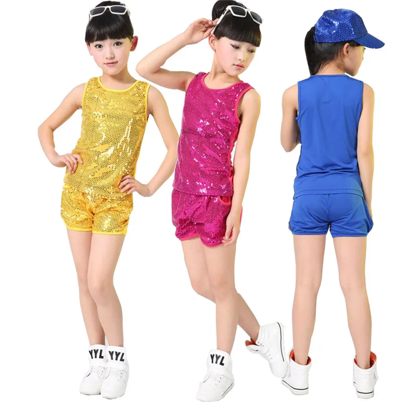 

Girls Sequined Jazz Wear Dance Costume 3 Colors Hip Hop Front Glitter Sequin Shinning Stage Wear Set 110-160 cm Party Outfits