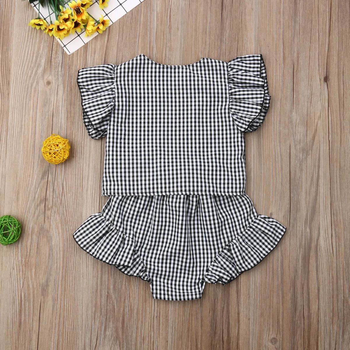 Одежда для маленьких девочек летний клетчатый топ с рюшами и рукавами футболка +