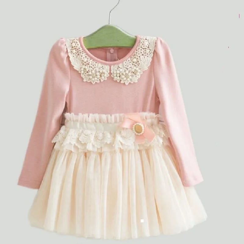 Высококачественное осеннее платье с длинными рукавами для девочек кружевное