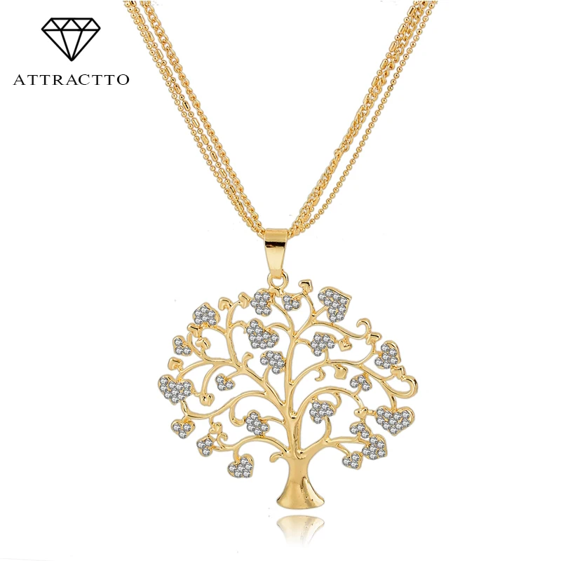 

ATTRACTTO Fashion Jewelry Tree Of Life Pendants & Necklaces Women Gold Silver Color Crystal Jewelry Collares Necklace Sne160113