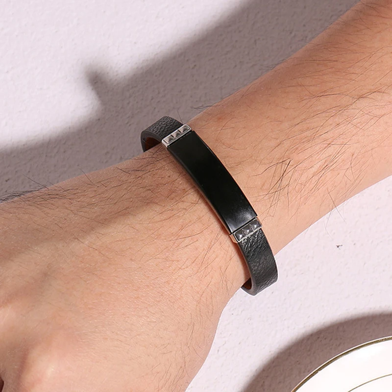 Мужской черный браслет из натуральной кожи нержавеющей стали с подвеской и