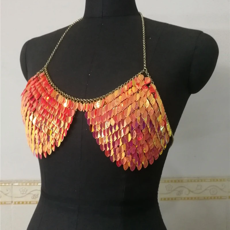 FestivalQueen, Boho, сексуальные, ручная работа, грудь, накидка, топ, модные, Преувеличенные, рыбья чешуя, с блестками, вечерние, Клубные, кроп-топы