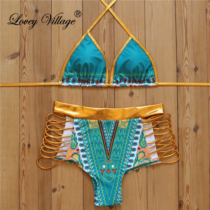 

2018 New African Print Two-Pieces Bath Suits Bikini Set Sexy Geometric Swimwear Swimsuit Gold High Waist Swimming Suit