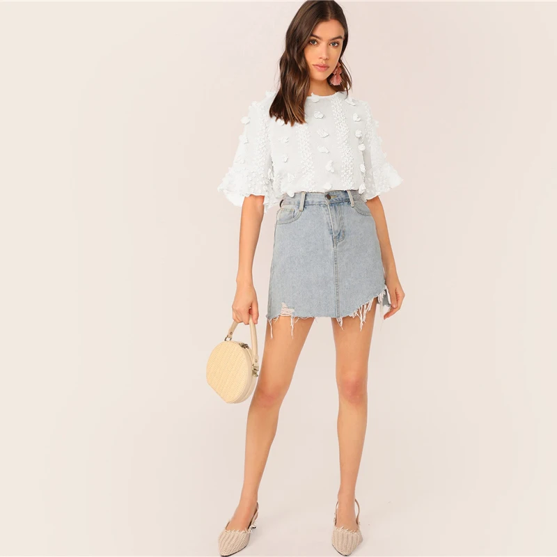 SHEIN элегантный розовый топ с 3D аппликацией и манжетами, блузка для женщин, короткий рукав, круглый вырез, Замочная скважина на спине, летние топы и блузки в стиле бохо