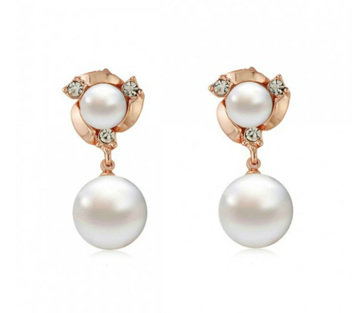 Оптовая продажа ОМХ 5 пар OFF20% серебряных сережек с белым золотом 18К и австрийскими кристаллами модного жемчужного цветка с подвеской. Бесплатная доставка. EH133.