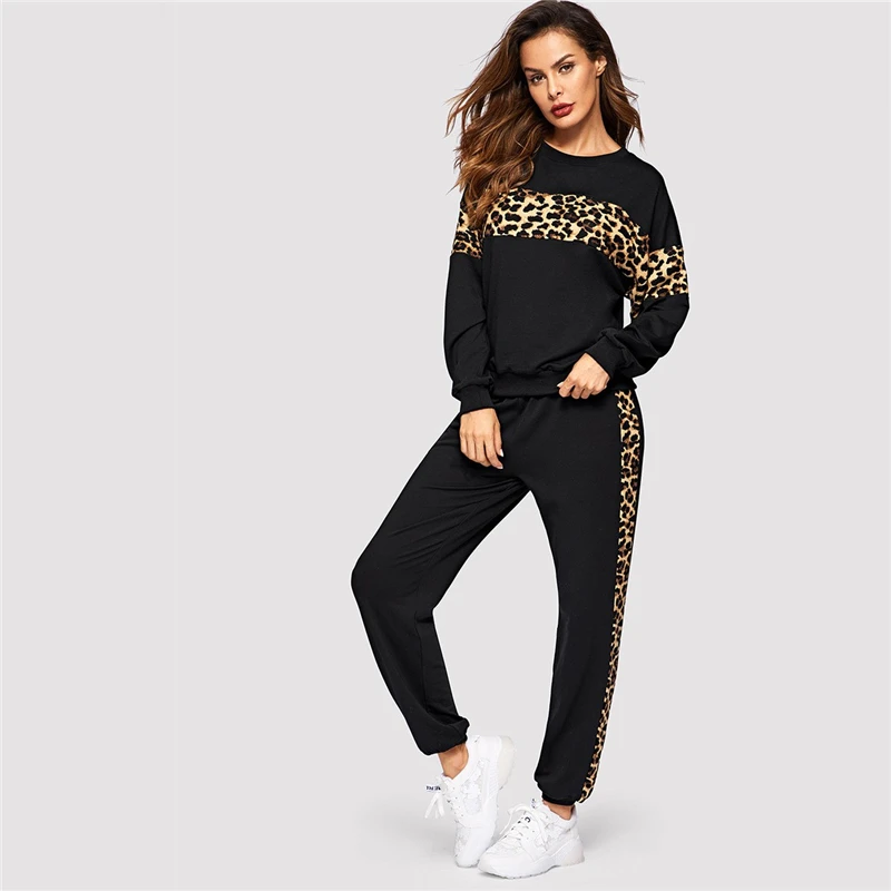 SHEIN Спортивный Костюм С Леопардовым Принтом Контрастная Толстовка И Брюки Женские Повседневные Комплекты С Леопардовым Принтом