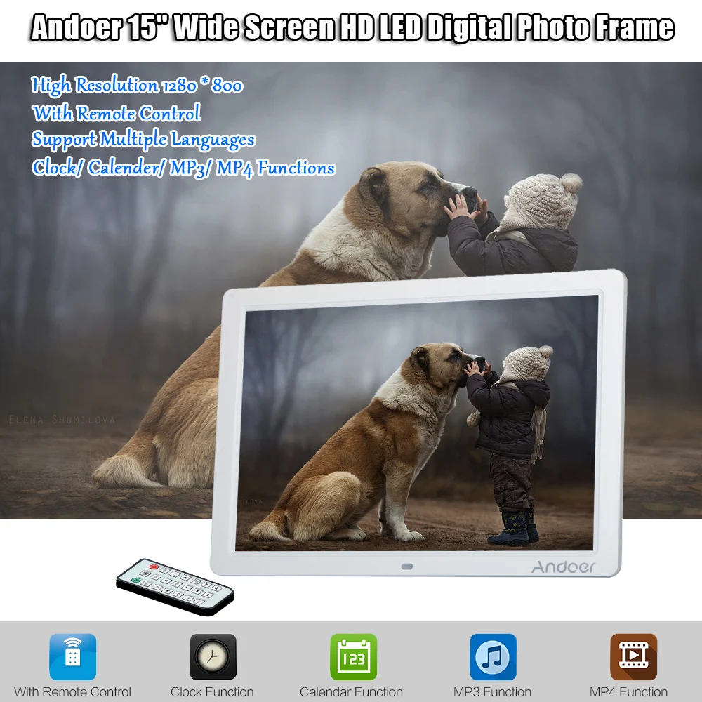 Andoer Electronic Picture Photo Frame 15&quot HD LED Large Screen 1280*800 MP3 MP4 Movie Player with Remote Control | Электроника