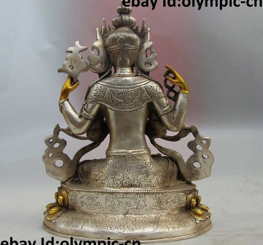 

8" China Tibet Buddhism Silver gild Four-armed Kwan-yin Guanyin buddha Statue