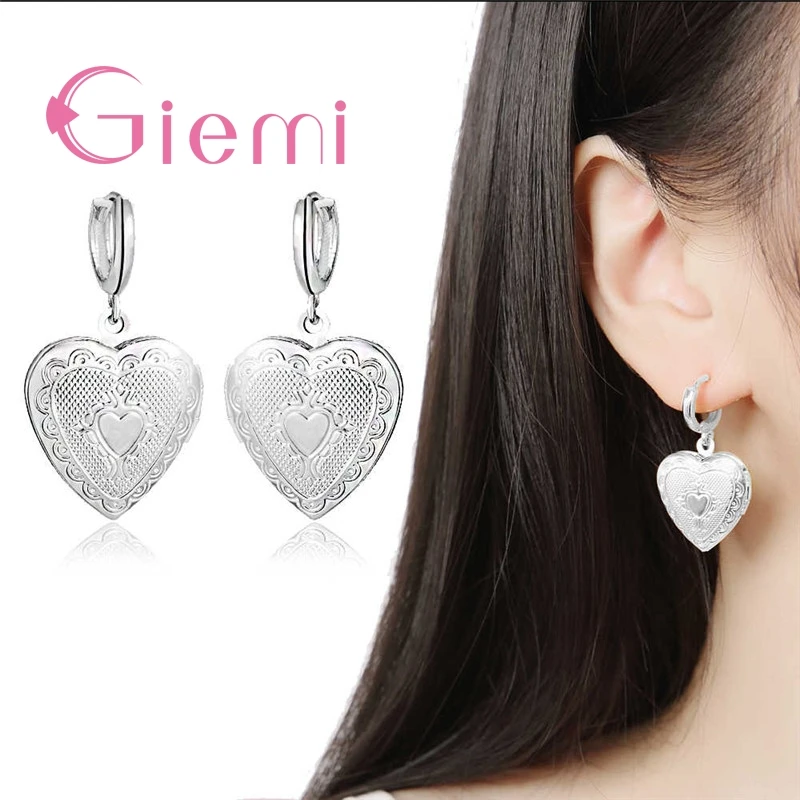 

Original Handmade 925 SilverSivler Love Heart Shape Metal Carving Earrings Retro Secret Pendant Photo Frame Custom Jewelry