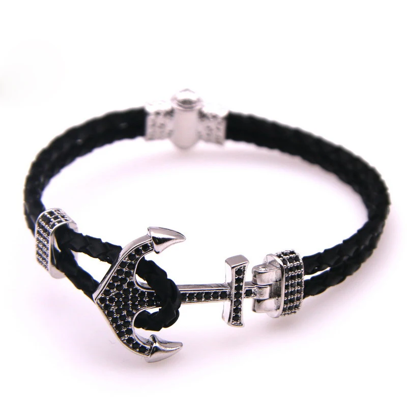 

Fashion Bracelete Genuine Leather Anchor Bracelet Men Vintage Punk Rock Women Copper Micro-zircon Nautical Jewelry 18-24 CM