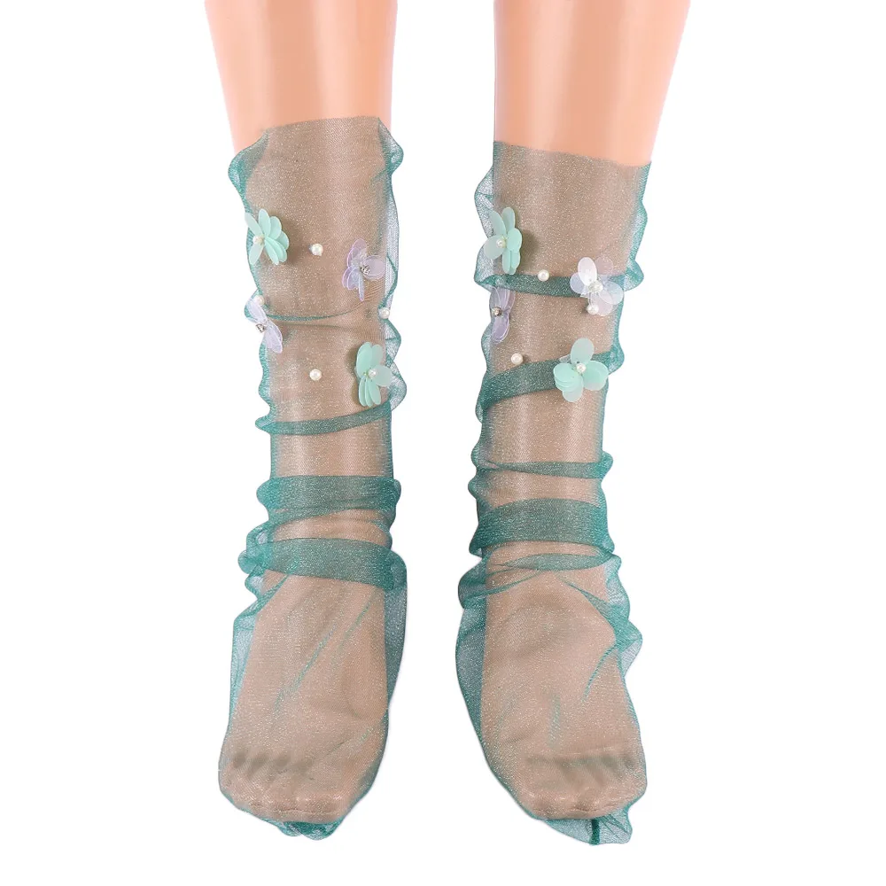Women's Handmade Candy Colors Sequins Flowers Thin Socks Girl's Transparent Mesh Floral Pearl Gauze Hosiery |