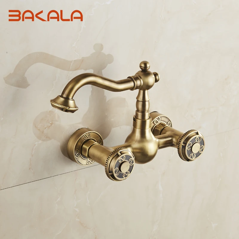 

BAKALA Wall Mounted Two Handles Antique Brass Finish Kitchen Sink Bathroom basin Faucet mixer tap BR-10705