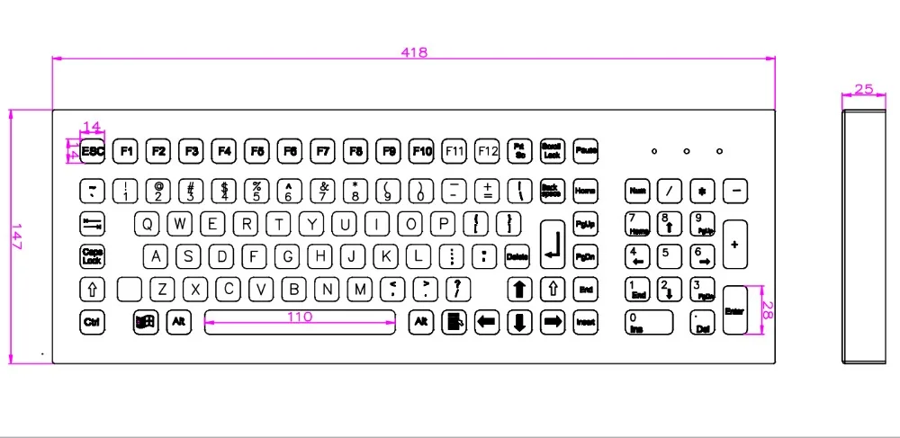 Desktop 103 Keys Metal Keyboard Stainless Steel Computer Keyboard For Industrial Kiosk teclado de metal