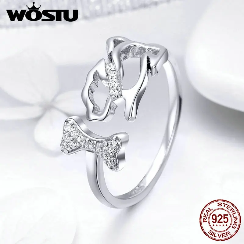 WOSTU Настоящее 925 пробы Серебряное милое животное собака погоня палец кольцо для женщин Девушка регулируемое серебряное кольцо ювелирное изделие подарок FIR416