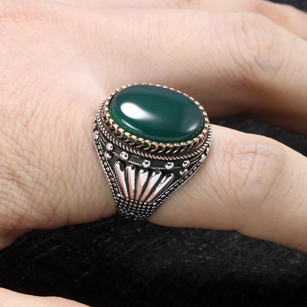 Green Настоящее 925 пробы серебряные мужские кольца с тигровым глазом натуральные камни большие винтажные кольца в Fijne Sieraden турецкие ювелирные изделия - Цвет основного камня: Green