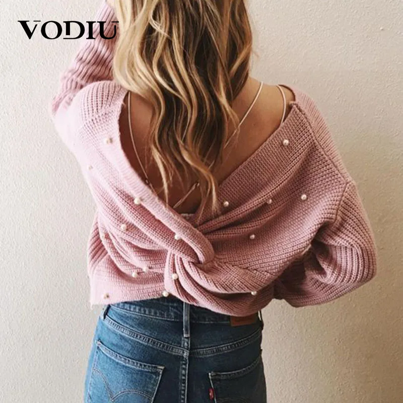Sexy Backless Cross Pearls Sweater Pullover Jumper Knitting Loose Clothes Female Long Sleeve Knitted Women Winter | Женская одежда