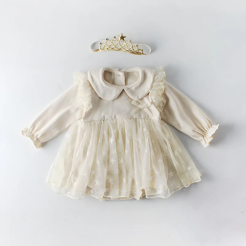 

Brand Newborn Infant Baby Girl Clothes Lace Tutu Dress Romper Long Sleeve Peter Pan Collar Sunsuit Spring Outfit+Crown Headband