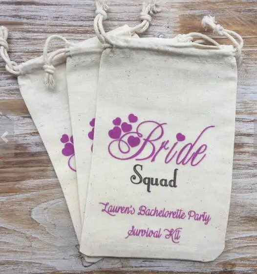 

custom Bride Squad wedding Party first aid Hangover Kit jewelry favor muslin Bags Bachelorette hen bridal shower favors