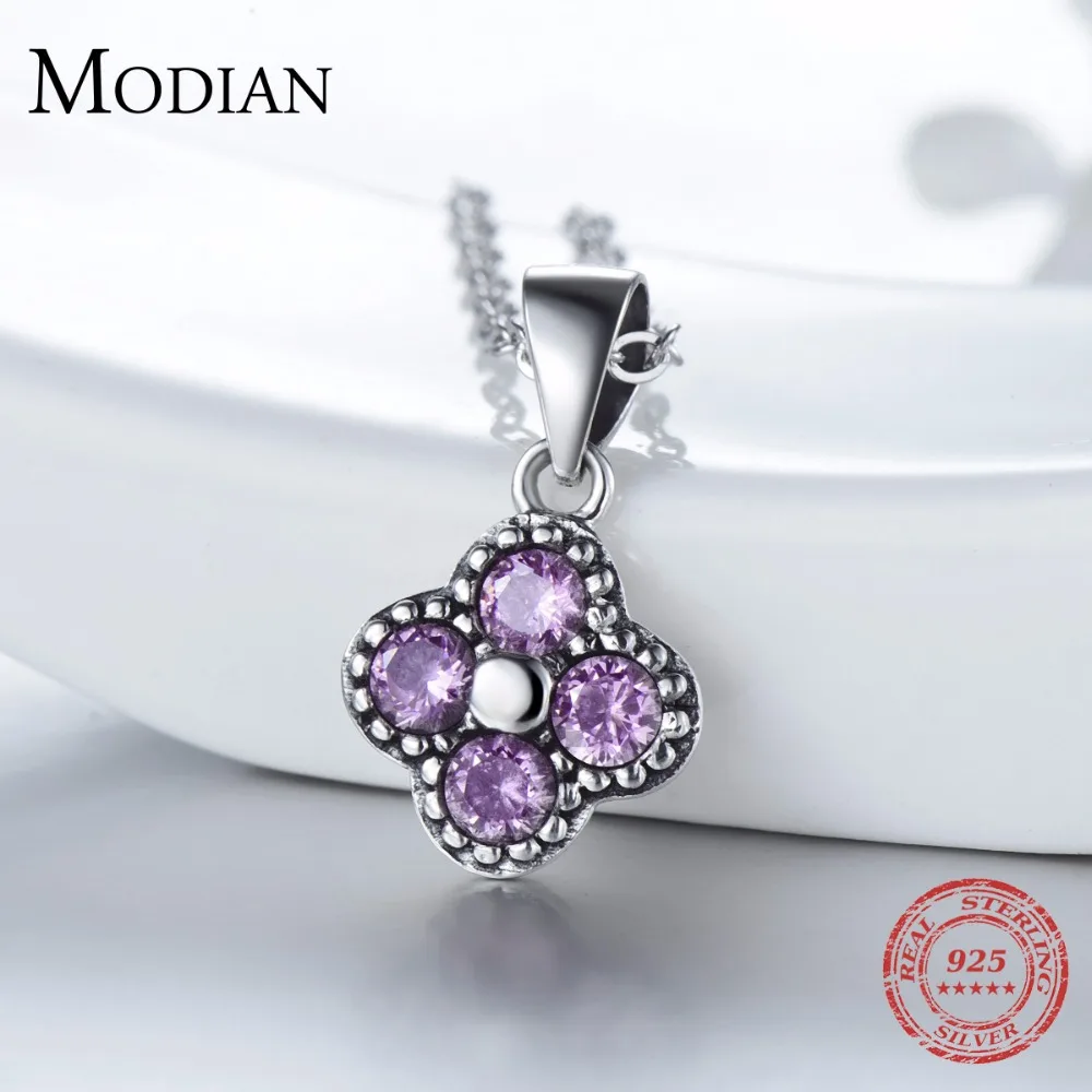 Modian Solid 925 Sterling Silver Flowers Clover Purple Zircon Necklace Simple Fashion Pendant For Women Christmas Jewelry Gift | Украшения