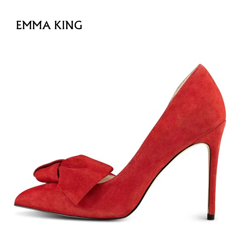 Emma king/Новые весенние элегантные замшевые туфли лодочки на шпильках с бантом