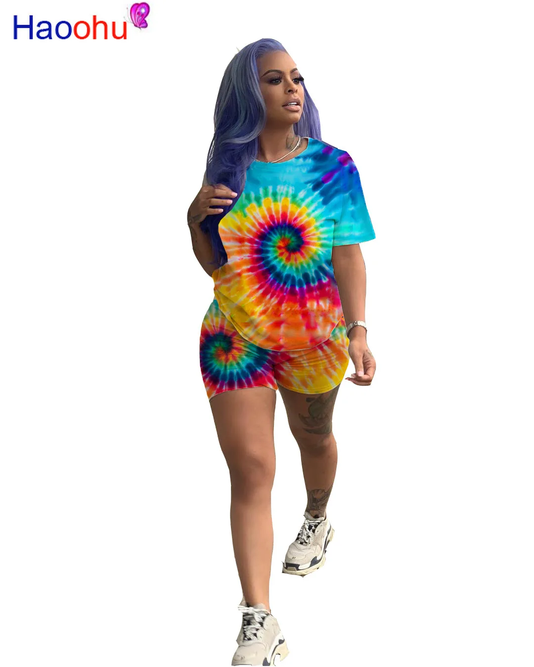 

Rainbow Tie Dye Sexy Two Piece Set Summer Plus Size Beach Outfits Women Short Sleeve T-Shirt And Biker Shorts Casual Tracksuits