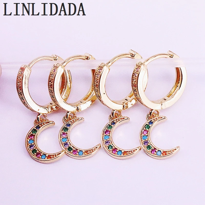 

6Pairs, Mixed Style Rainbow multicolor cz paved dangle charm earring gold color fashion girl women jewelry