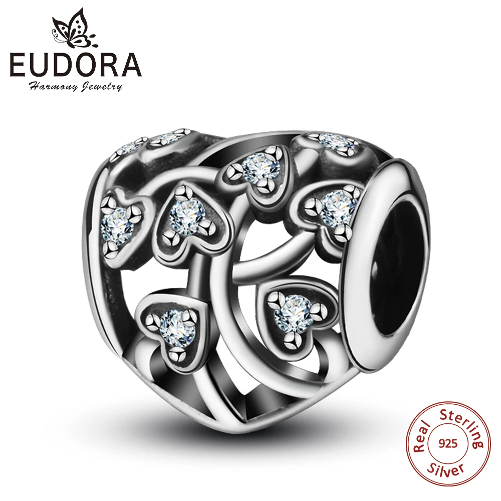 

EUDORA, серебро 925 пробы, ажурные, прозрачные, CZ, сердце, амулеты, бусины, подходит для браслета и браслета, ожерелье, ювелирное изделие, сделай са...