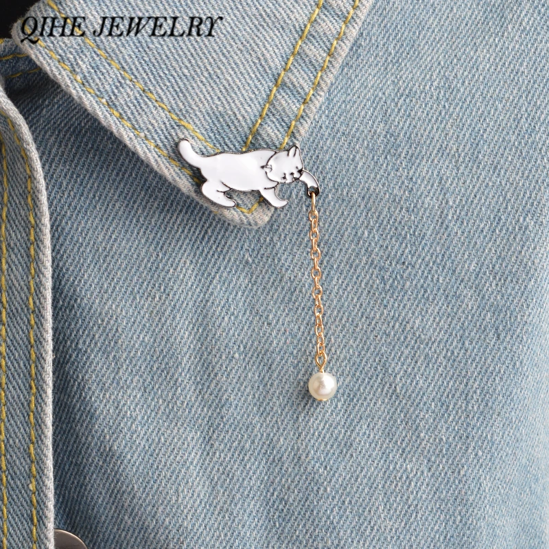 QIHE ювелирные изделия шпилька с подвеской Кот жемчугом кисточкой кот брошь значок