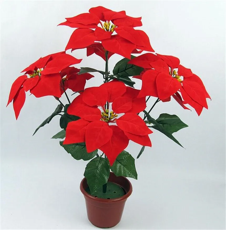 Искусственные пуансетические Рождественские цветы 48 см 7 головок