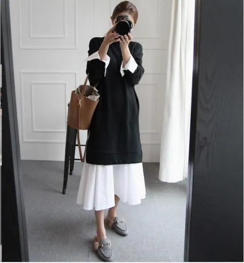 2019 весенне-летнее Модное Новое платье с круглым вырезом и длинным рукавом два