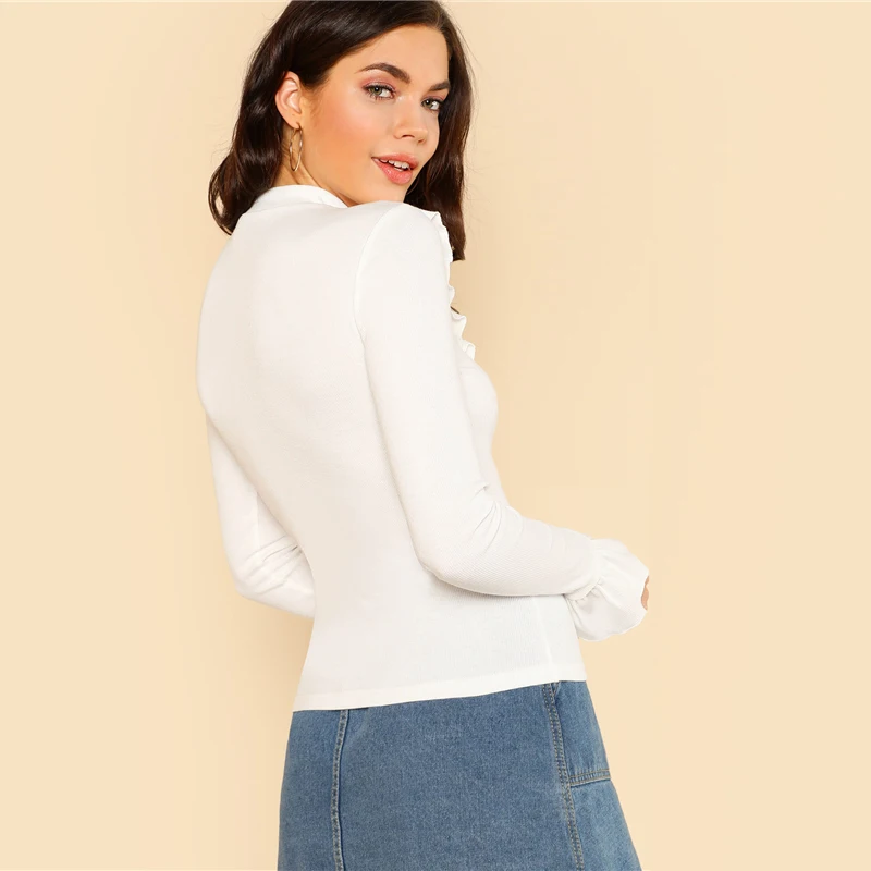 Dotfashion белая ребристая трикотажная футболка с оборкой, осенняя женская элегантная стоячий вырез с оборками, топы с рукавами, Весенняя простая Приталенная футболка