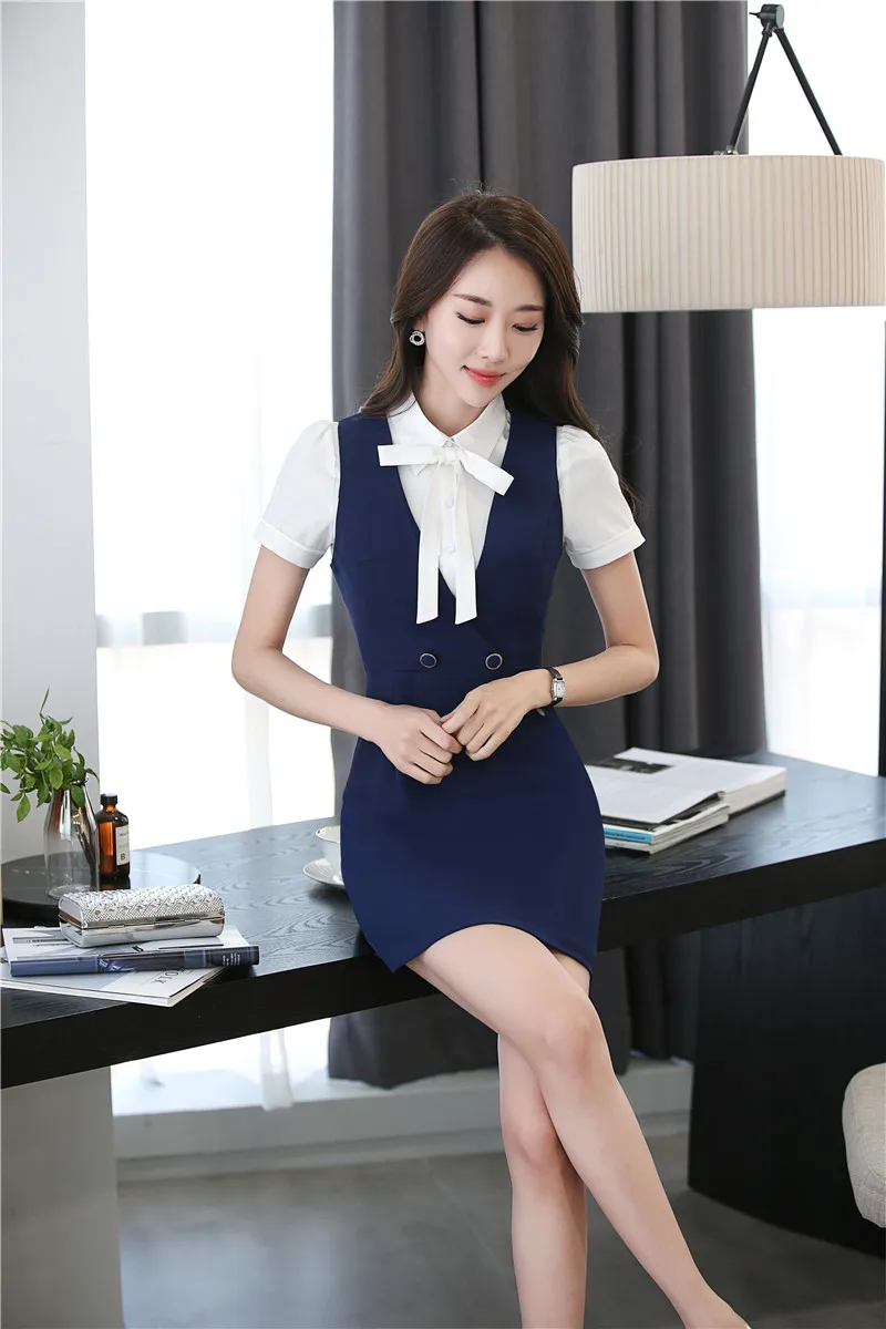 Женский деловой костюм с блузкой и платьем Модный облегающий офисный в офисном