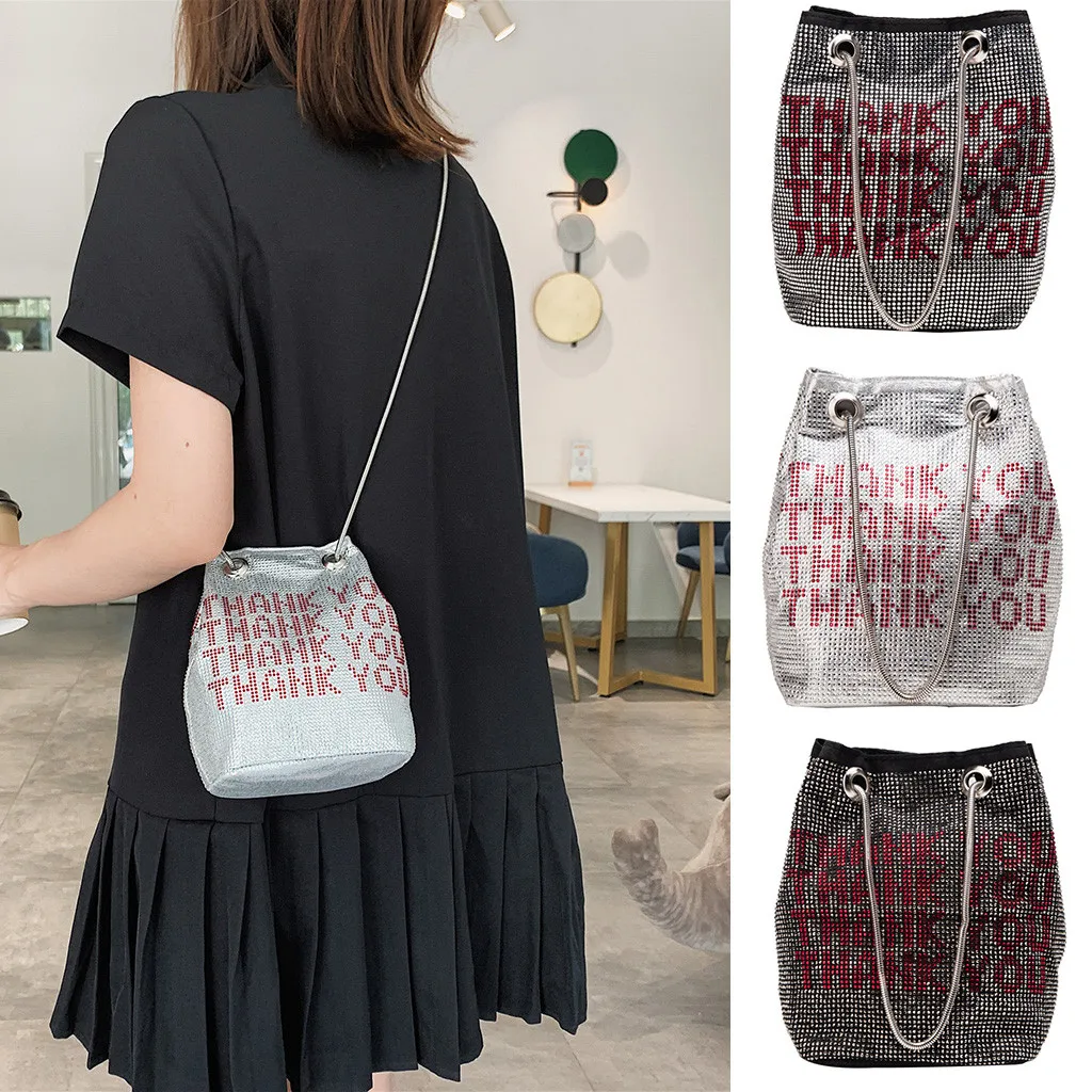Fashion Casual Summer Women's Multicolor Bright Diamond Package Chain Letter Bucket Bag Small Square Beach Simple Bag