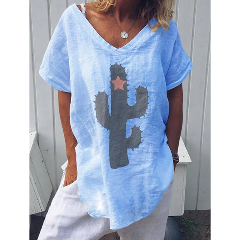 Summer Hot Popular Womens Casual Plant Printing Cotton Linen V Neck Blouse Ladies Baggy Short Sleeve Tops 2019 | Женская одежда