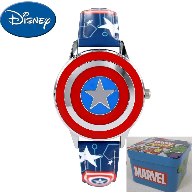 CA-BL BOX GIFT Marvel Мстители Капитан Америка ребенок раскладушка кожа Водонепроницаемый Дети Кварцевые металлический чехол для часов Дисней 81032 Relojios Горячая - Цвет: CA-BL BOX GIFT