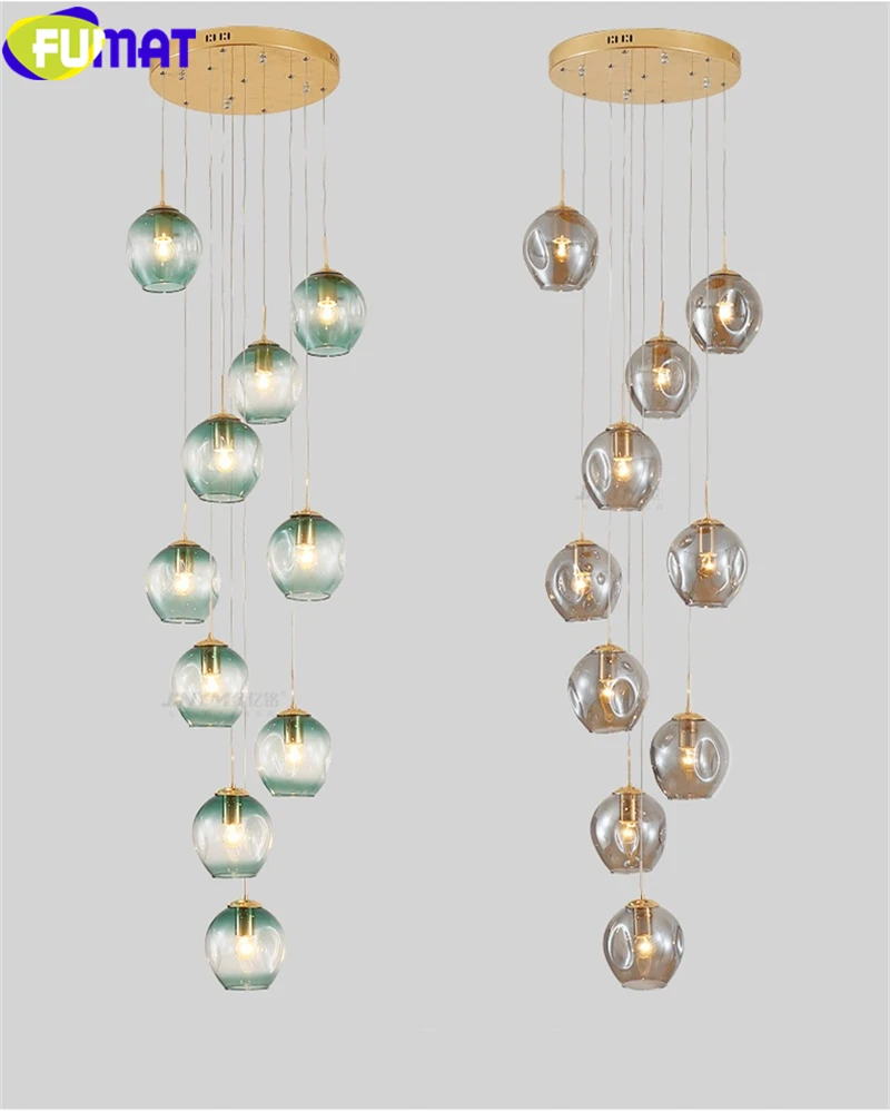 FUMAT MODO Ball Glass Spiral Staircase Villa Ceiling Lamps LED Stair Lamp Light Penthouse Chandeliers Cognac Gray Blue Fixture