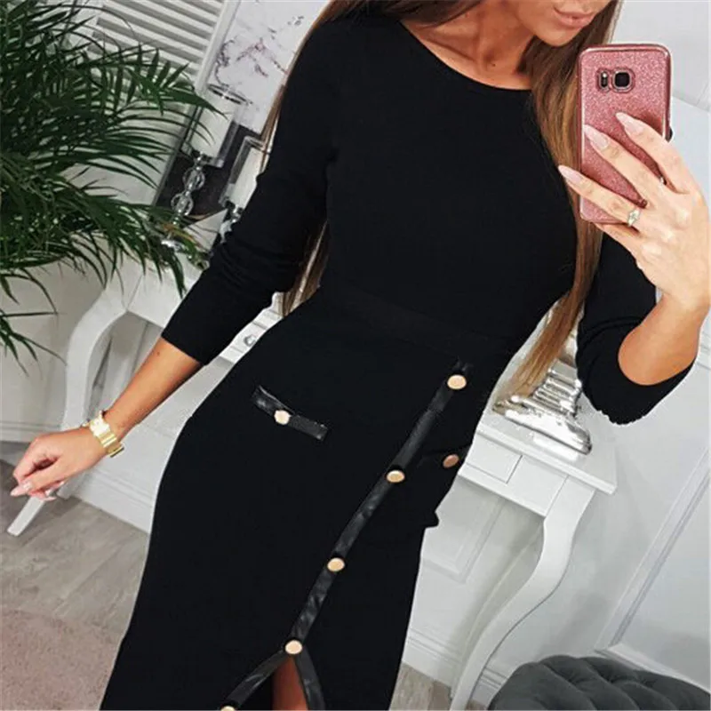 Для женщин Кнопка вязать Bodycon сексуальное платье с разрезом Мода 2019 г. черный