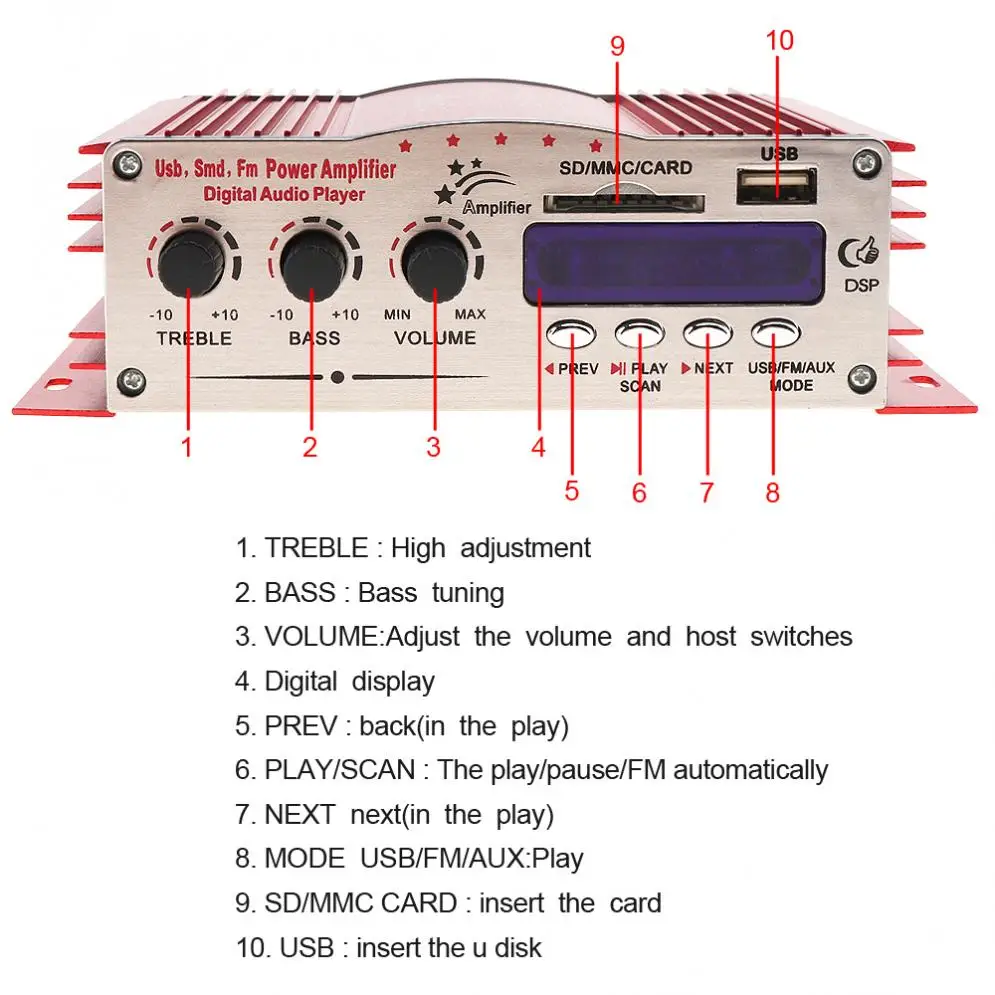 12V Hi-Fi Цифровой светодиодный дисплей 2 канала Автомобильный стерео усилитель FM