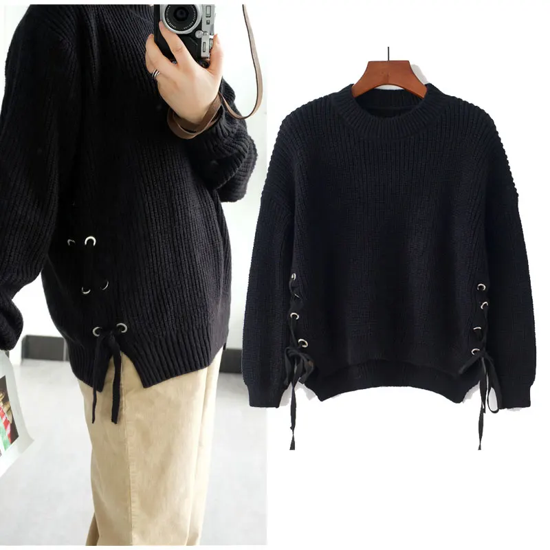 

Euro Style Knitted Sweater Women Autumn Winter Outwear Long Sleeve Criss Cross Pullover Sweater High Low Hem Female Jumper 2018