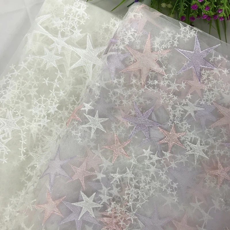 Тюлевая сетчатая ткань с вышивкой в виде звезды 2 метра черная/Розовая/слоновая