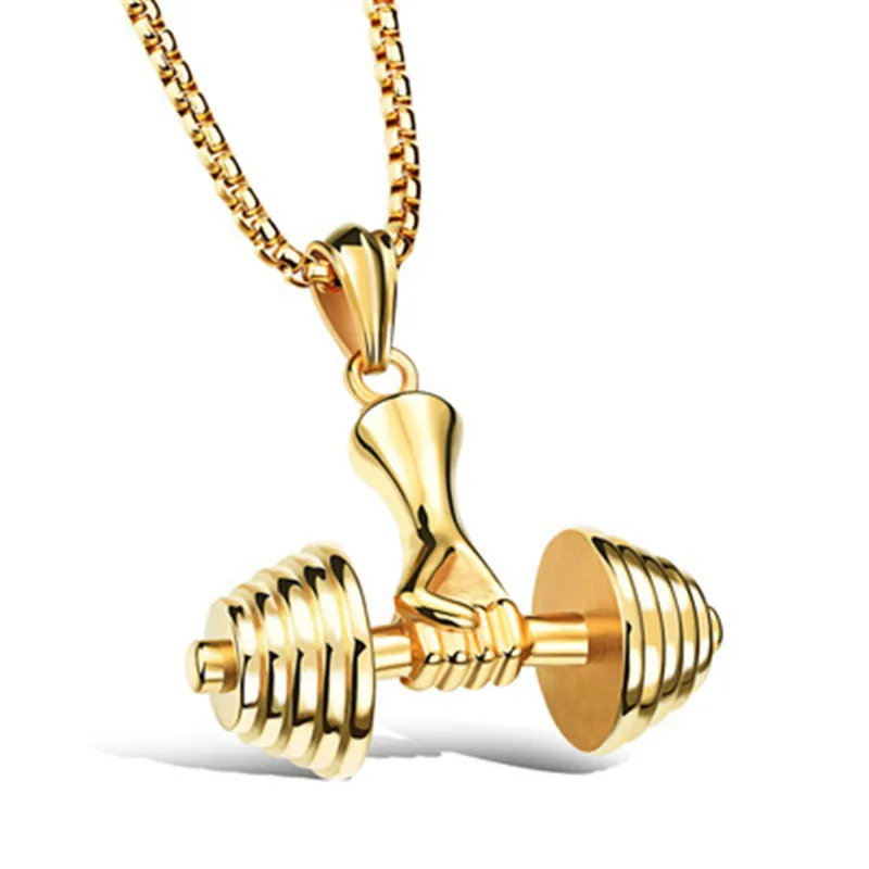 

Fashion Cool Male Dumbbell Necklaces Pendants Charm Fitness Barbell Necklace Chain For Men Strong Muscle Jewelry
