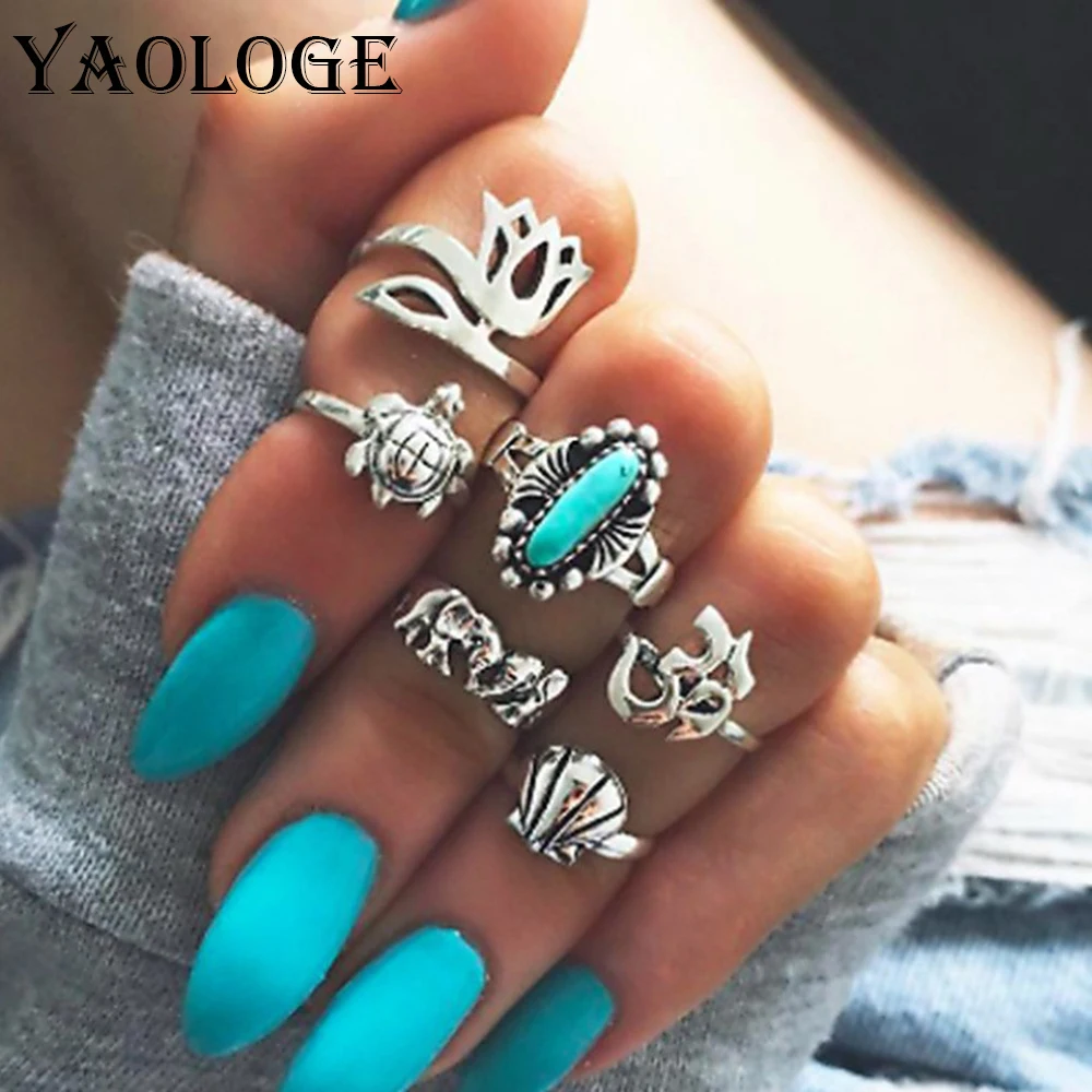 YAOLOGE Ретро стиль кольцо в виде лотоса мозаика камень набор черепаха ракушка
