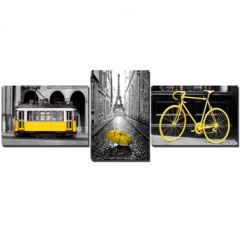 

5D Diy diamond painting Embroidery 3pcs Black and White Pairs Tower with Yellow Umbrella Yellow Bicycle Yellow CableZP-211